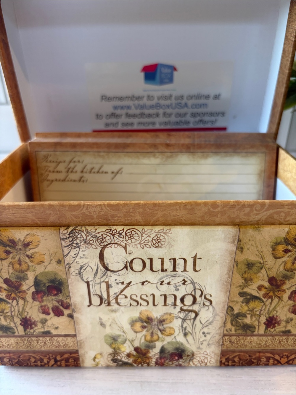Legacy Count Your Blessings Floral Recipe Box - Tan & Cream